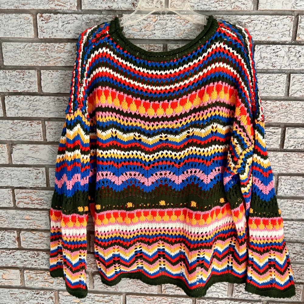Womens Multicolor Chevron‎ Crochet Knit Oversized Sweater Size Large L